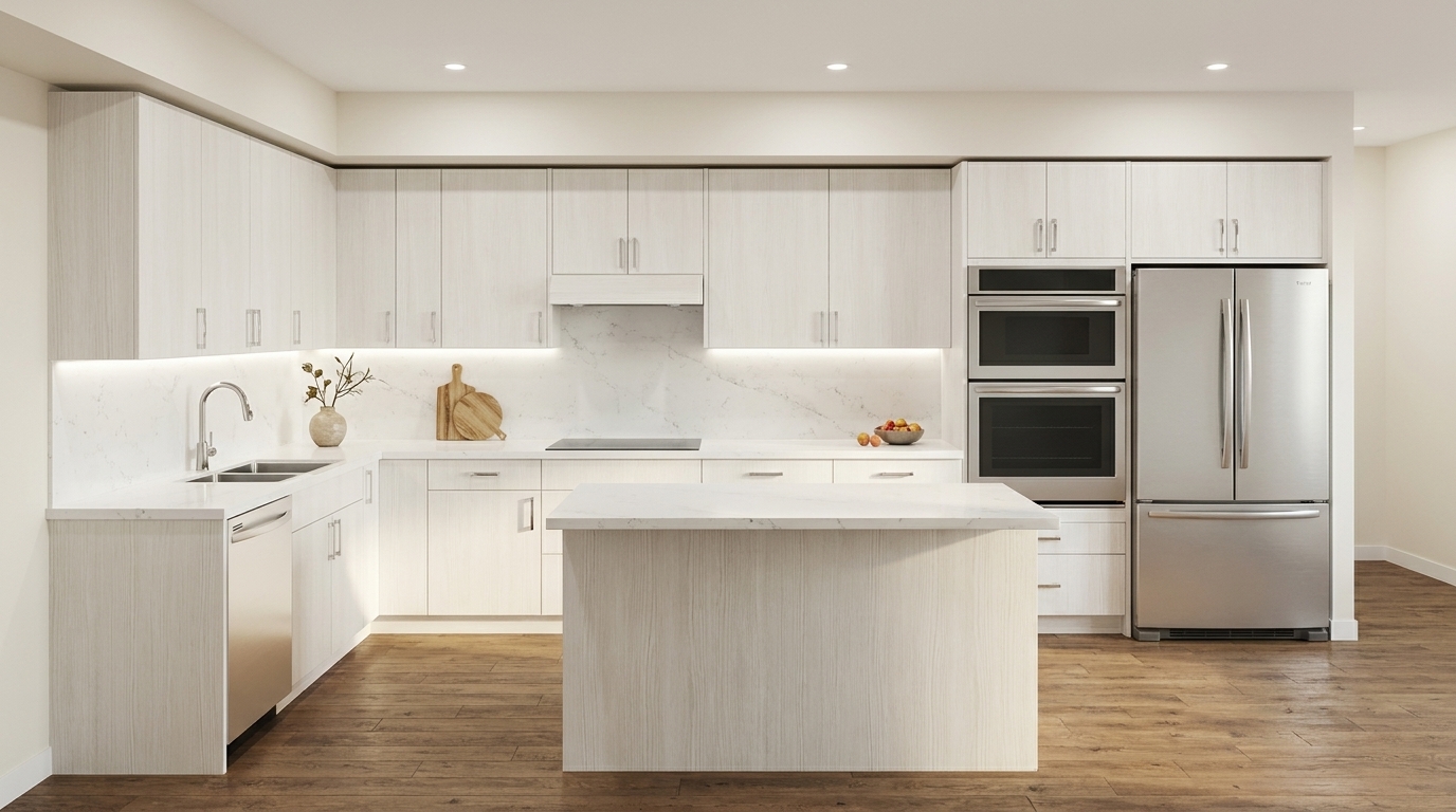 Pale blonde wood-grain flat-panel kitchen with a matching panel wrap on the island, white quartz counters and a marble-look slab backsplash