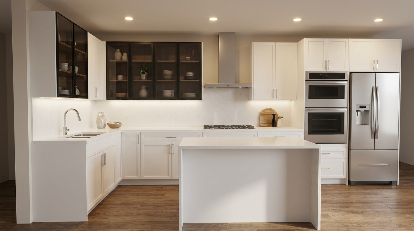 White shaker kitchen with black-framed glass display uppers over warm-lit wood interiors