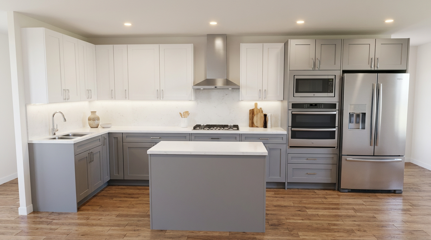 L-shaped kitchen with white shaker uppers, light grey lower cabinets, a stainless chimney hood and a small grey prep island
