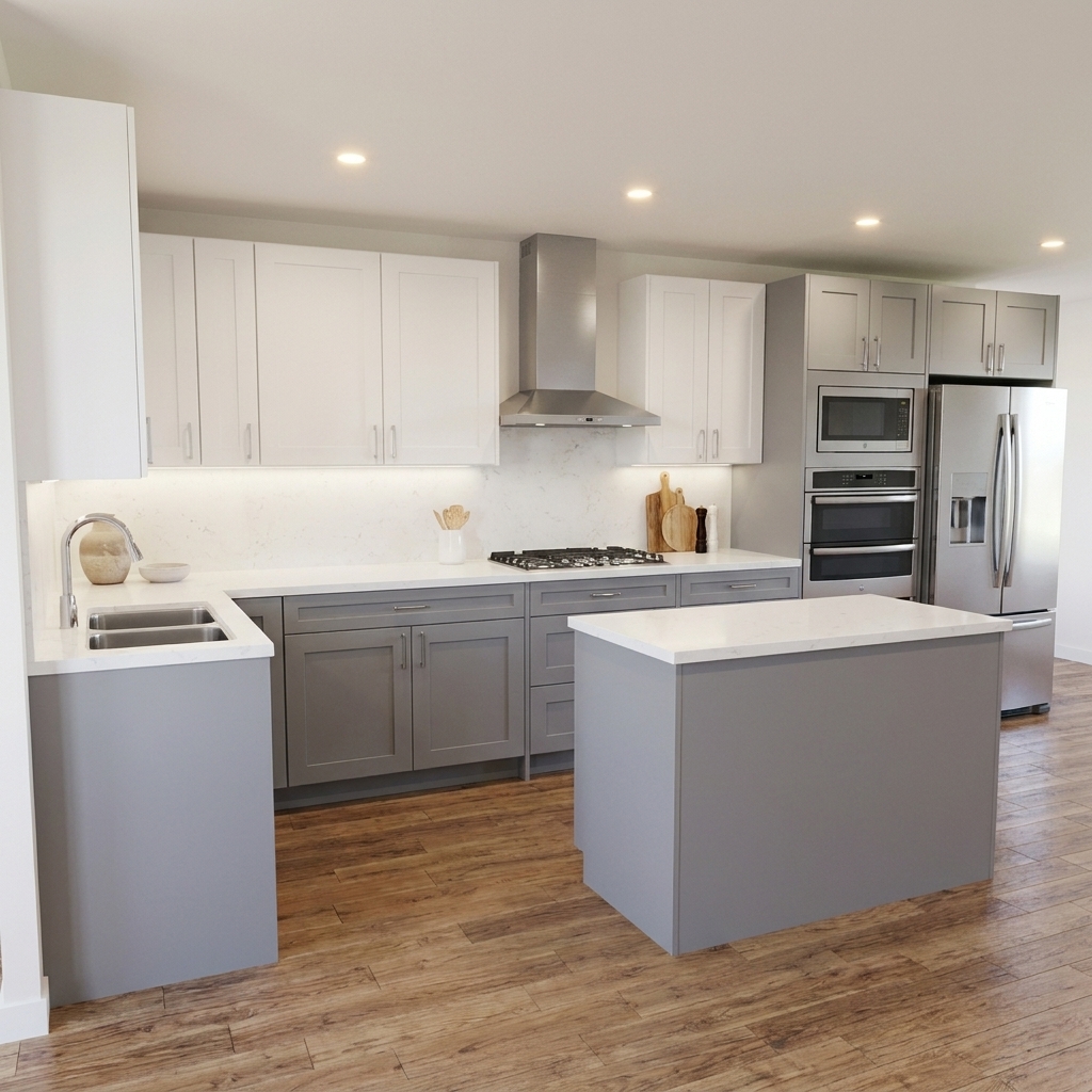 Two-tone shaker kitchen with white upper cabinets, medium grey lower cabinets and a matching grey island