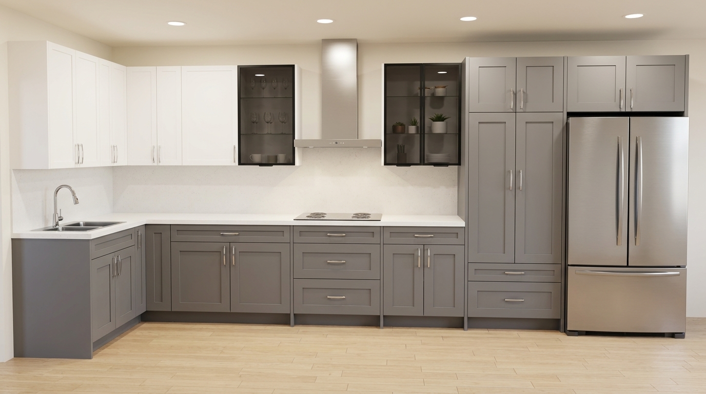 Island-free L-shaped kitchen with dark charcoal grey lower cabinets and white shaker uppers